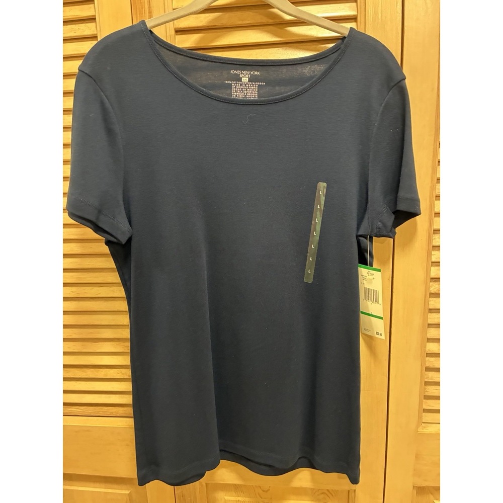 Jones New York Sport Women's Navy Solid Scoop Neck Tee 100% Cotton Sz L